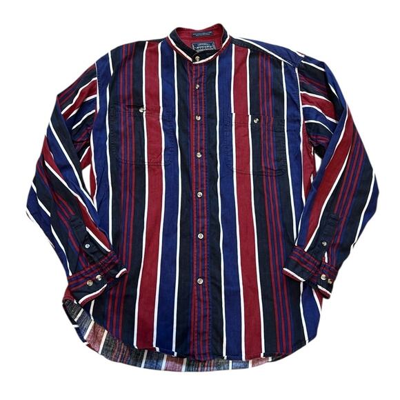 Vtg BOGARI Mens L Button Down Shirt Y2K Band Collar Striped Colorblock - Picture 1 of 3